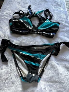 Teal & Black Women's Two-Piece Tie Bikini - Sleek Ring Accent Swim size in pic